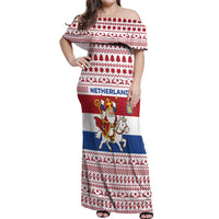 Netherlands Christmas Off Shoulder Maxi Dress with Sinterklaas Horse Dutch Flag and Festive Knit Pattern - Wonder Print Shop