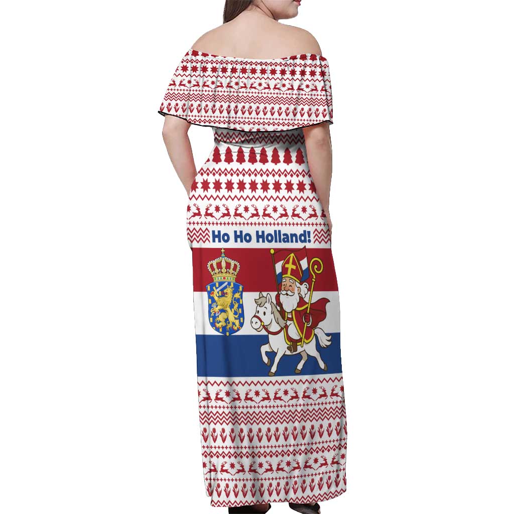 Netherlands Christmas Off Shoulder Maxi Dress with Sinterklaas Horse Dutch Flag and Festive Knit Pattern - Wonder Print Shop