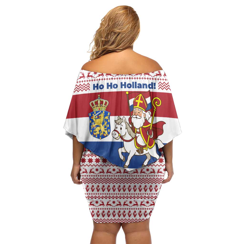 Netherlands Christmas Off Shoulder Short Dress with Sinterklaas Horse Dutch Flag and Festive Knit Pattern - Wonder Print Shop