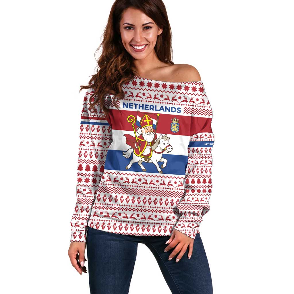 Netherlands Christmas Off Shoulder Sweater with Sinterklaas Horse Dutch Flag and Festive Knit Pattern - Wonder Print Shop
