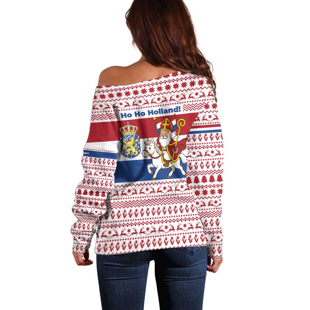 Netherlands Christmas Off Shoulder Sweater with Sinterklaas Horse Dutch Flag and Festive Knit Pattern - Wonder Print Shop