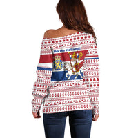 Netherlands Christmas Off Shoulder Sweater with Sinterklaas Horse Dutch Flag and Festive Knit Pattern - Wonder Print Shop