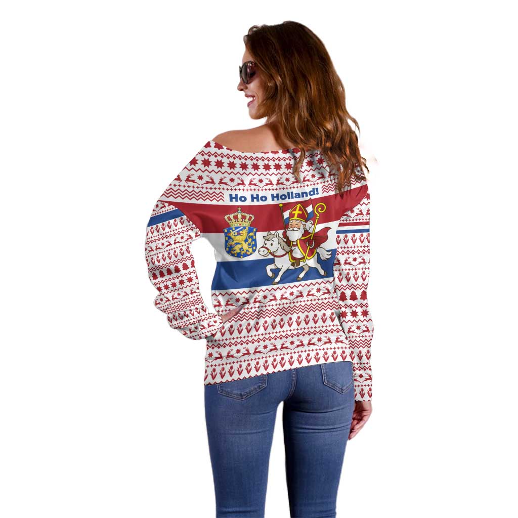 Netherlands Christmas Off Shoulder Sweater with Sinterklaas Horse Dutch Flag and Festive Knit Pattern - Wonder Print Shop