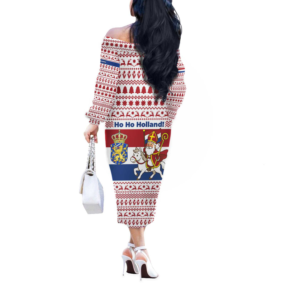 Netherlands Christmas Off The Shoulder Long Sleeve Dress with Sinterklaas Horse Dutch Flag and Festive Knit Pattern - Wonder Print Shop