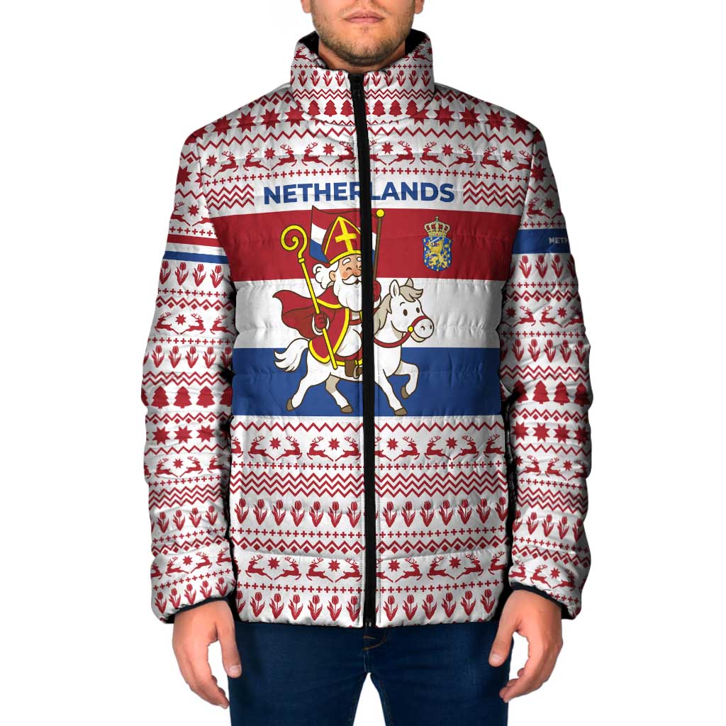 Netherlands Christmas Padded Jacket with Sinterklaas Horse Dutch Flag and Festive Knit Pattern - Wonder Print Shop