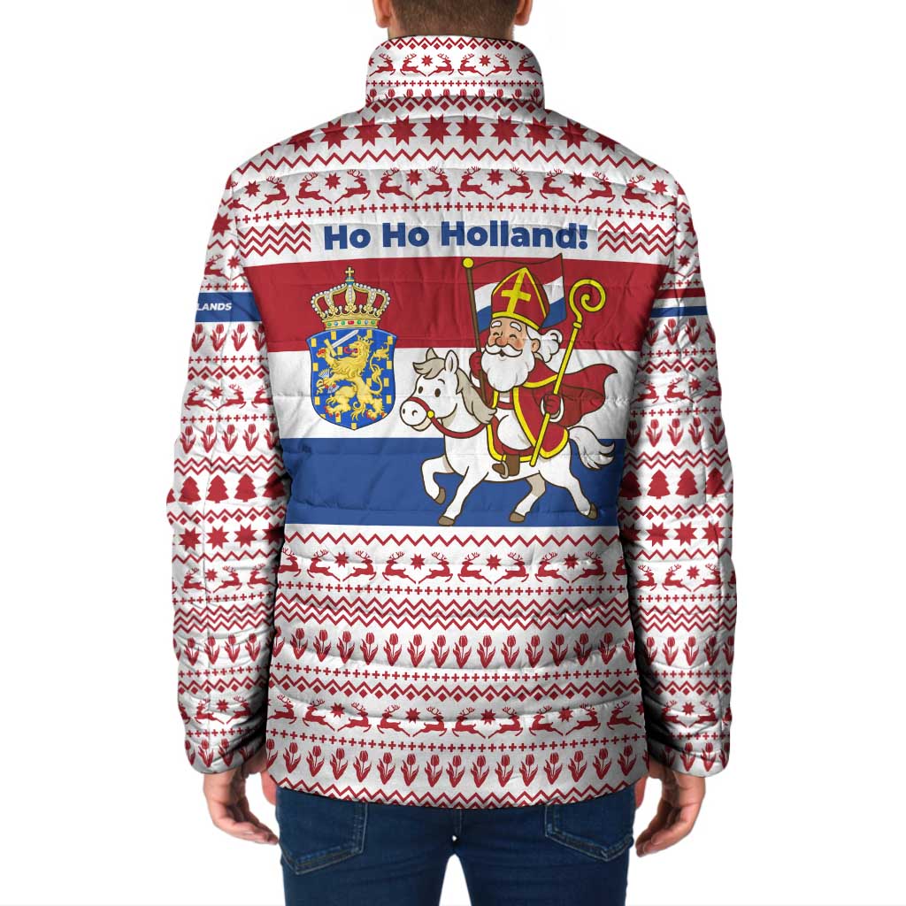 Netherlands Christmas Padded Jacket with Sinterklaas Horse Dutch Flag and Festive Knit Pattern - Wonder Print Shop