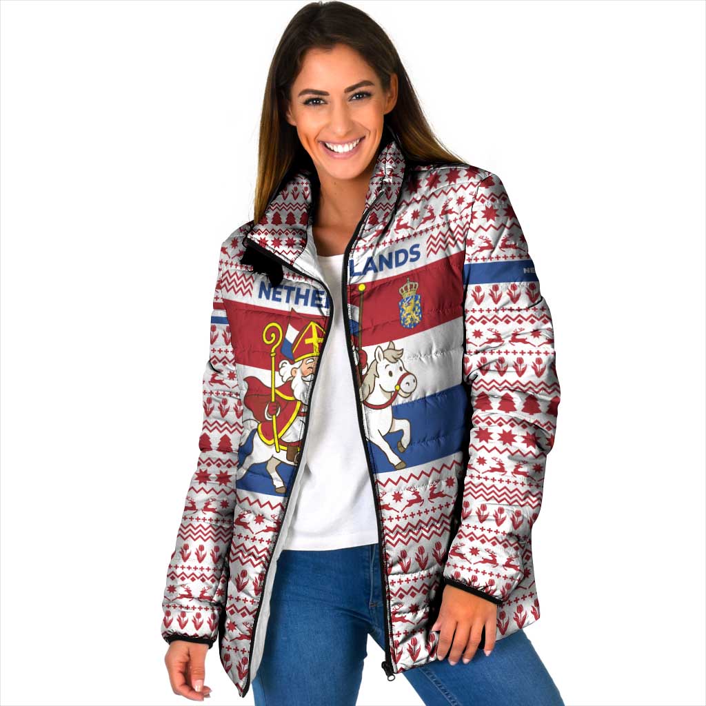 Netherlands Christmas Padded Jacket with Sinterklaas Horse Dutch Flag and Festive Knit Pattern - Wonder Print Shop
