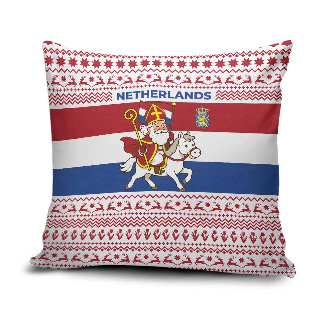 Netherlands Christmas Pillow Cover with Sinterklaas Horse Dutch Flag and Festive Knit Pattern - Wonder Print Shop