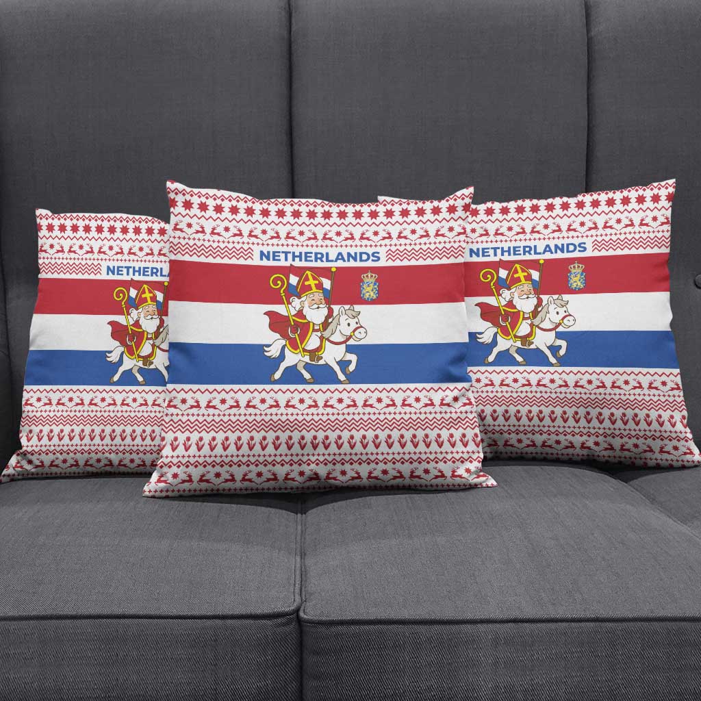Netherlands Christmas Pillow Cover with Sinterklaas Horse Dutch Flag and Festive Knit Pattern - Wonder Print Shop