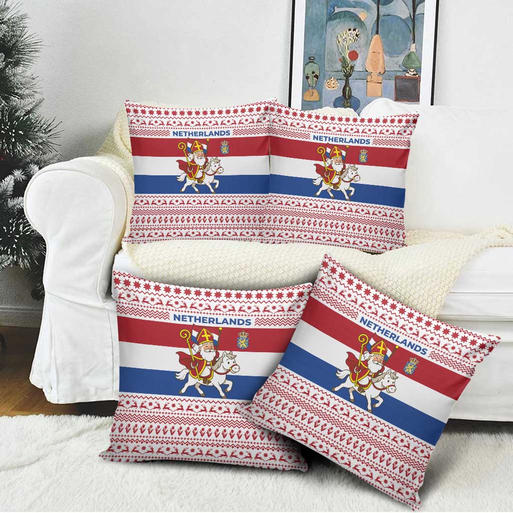 Netherlands Christmas Pillow Cover with Sinterklaas Horse Dutch Flag and Festive Knit Pattern - Wonder Print Shop