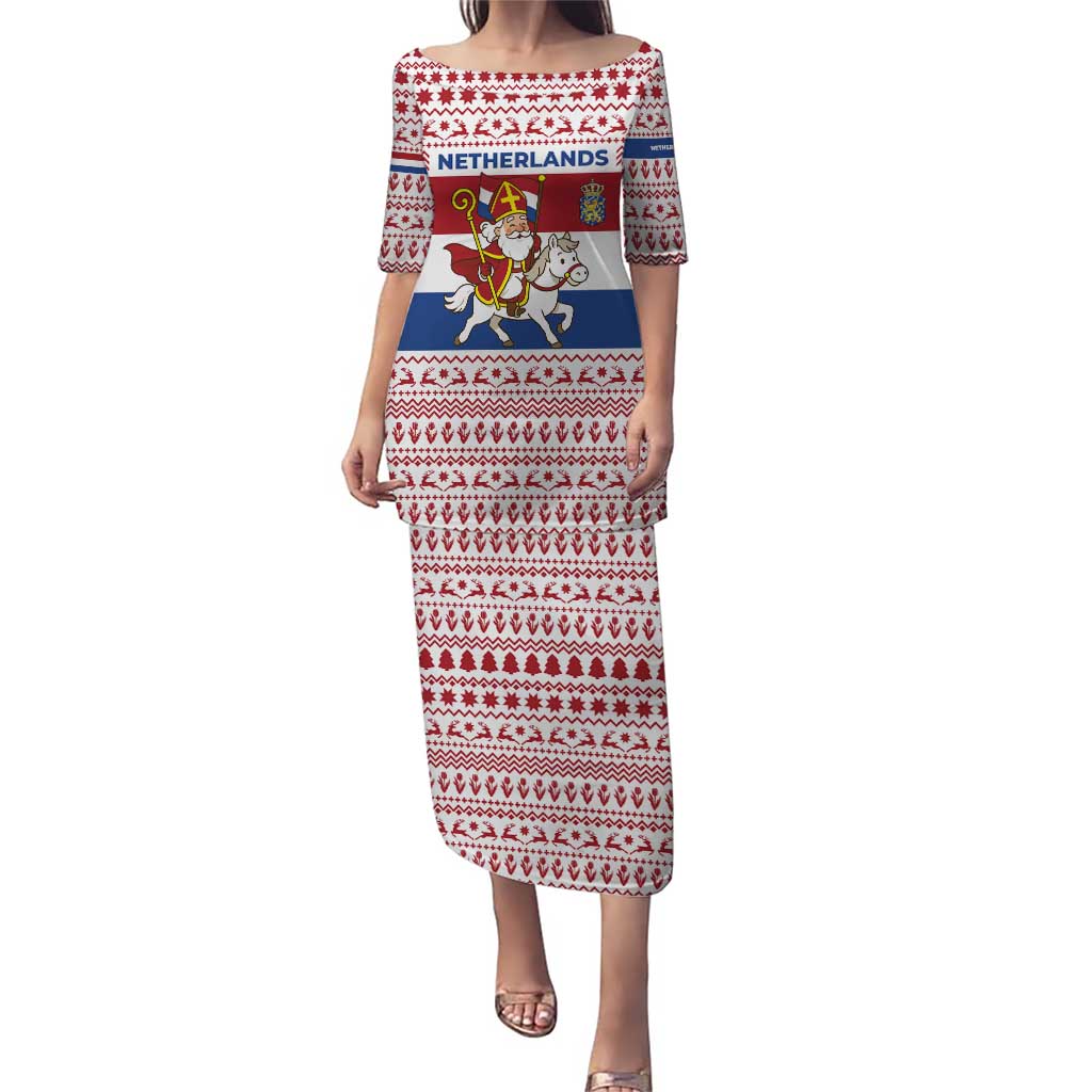 Netherlands Christmas Puletasi with Sinterklaas Horse Dutch Flag and Festive Knit Pattern - Wonder Print Shop