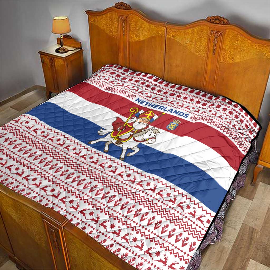 Netherlands Christmas Quilt with Sinterklaas Horse Dutch Flag and Festive Knit Pattern - Wonder Print Shop
