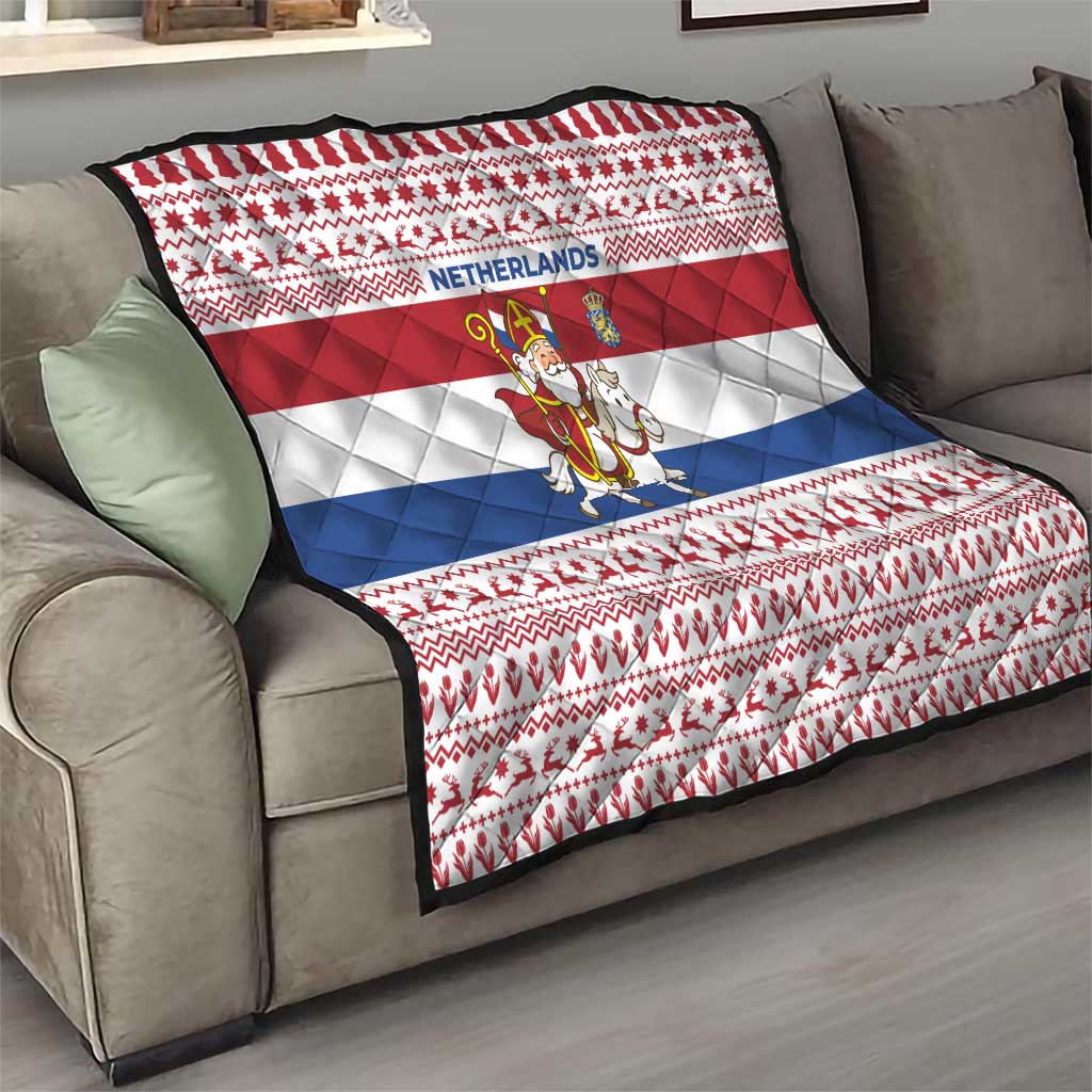 Netherlands Christmas Quilt with Sinterklaas Horse Dutch Flag and Festive Knit Pattern - Wonder Print Shop