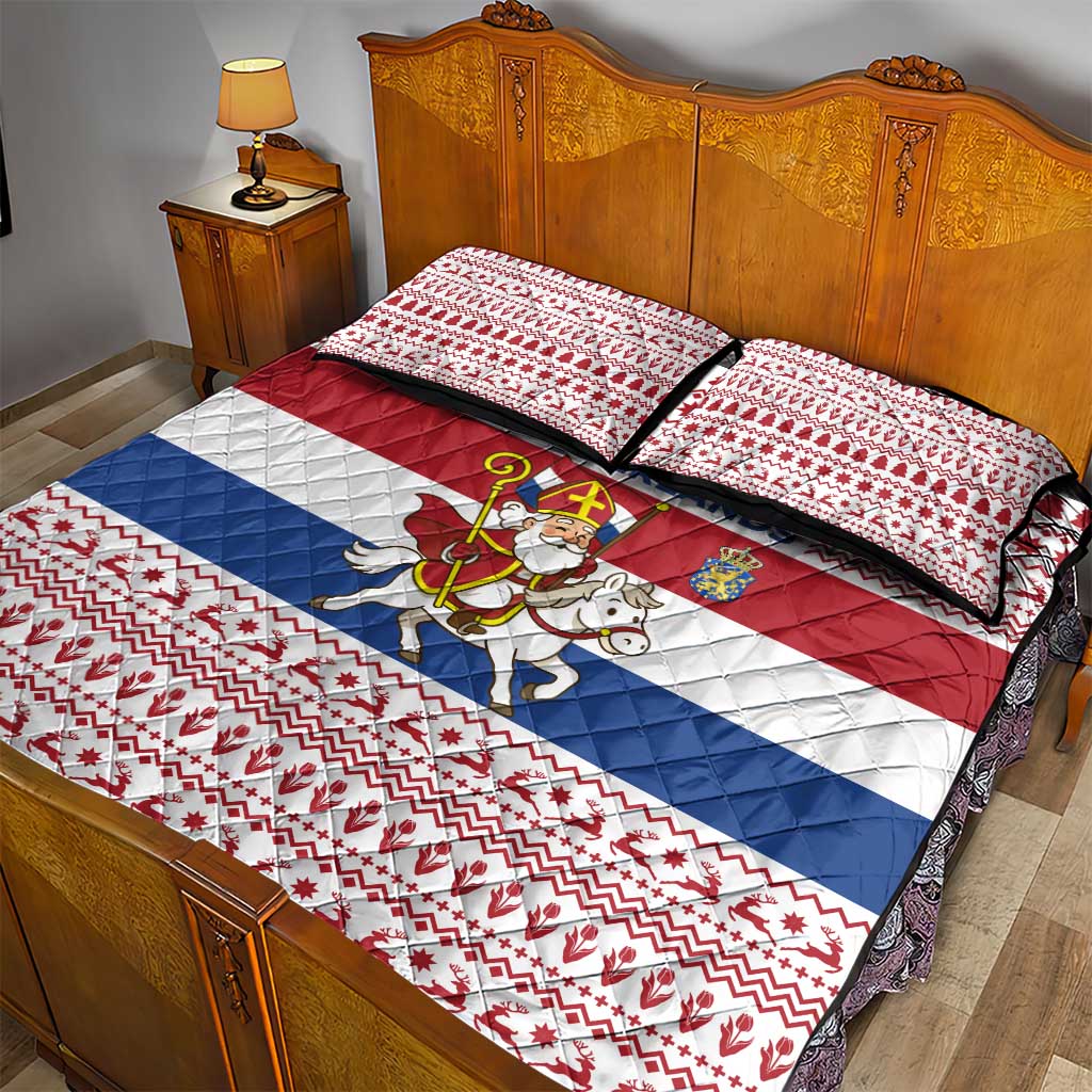 Netherlands Christmas Quilt Bed Set with Sinterklaas Horse Dutch Flag and Festive Knit Pattern - Wonder Print Shop