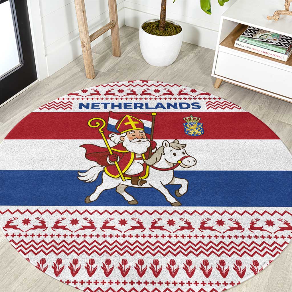 Netherlands Christmas Round Carpet with Sinterklaas Horse Dutch Flag and Festive Knit Pattern - Wonder Print Shop