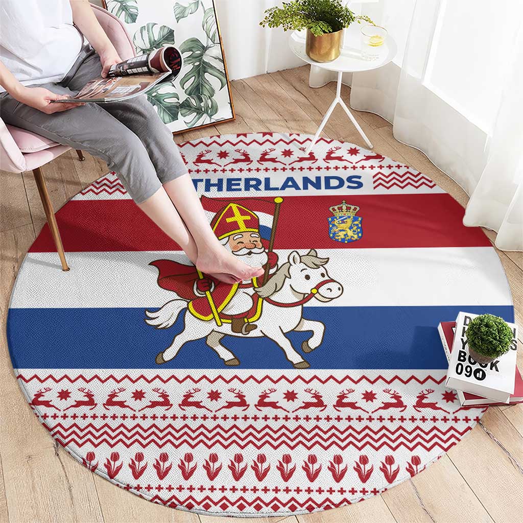 Netherlands Christmas Round Carpet with Sinterklaas Horse Dutch Flag and Festive Knit Pattern - Wonder Print Shop