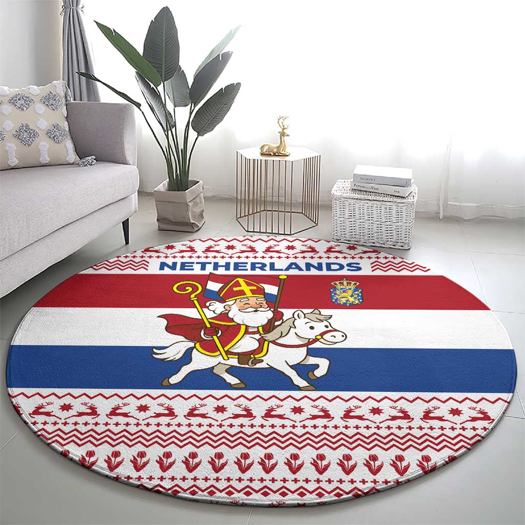 Netherlands Christmas Round Carpet with Sinterklaas Horse Dutch Flag and Festive Knit Pattern - Wonder Print Shop