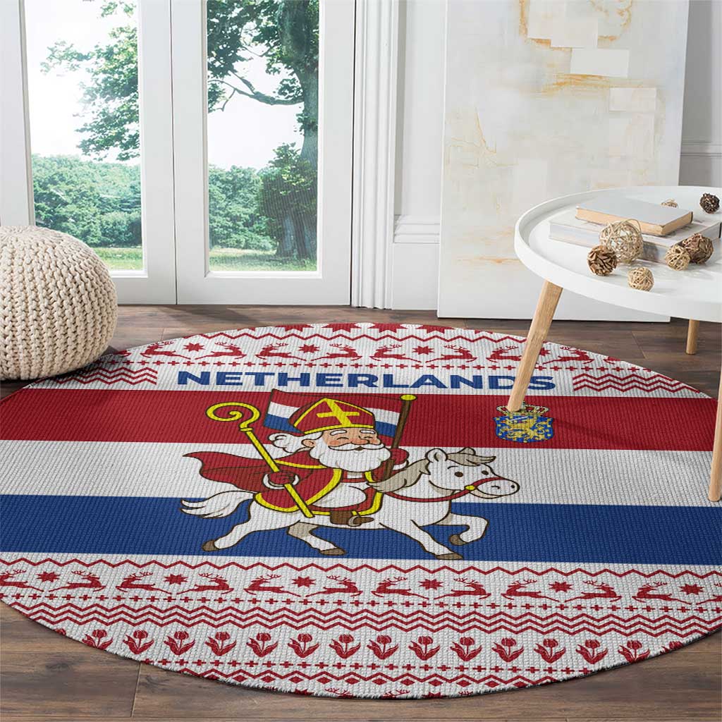 Netherlands Christmas Round Carpet with Sinterklaas Horse Dutch Flag and Festive Knit Pattern - Wonder Print Shop