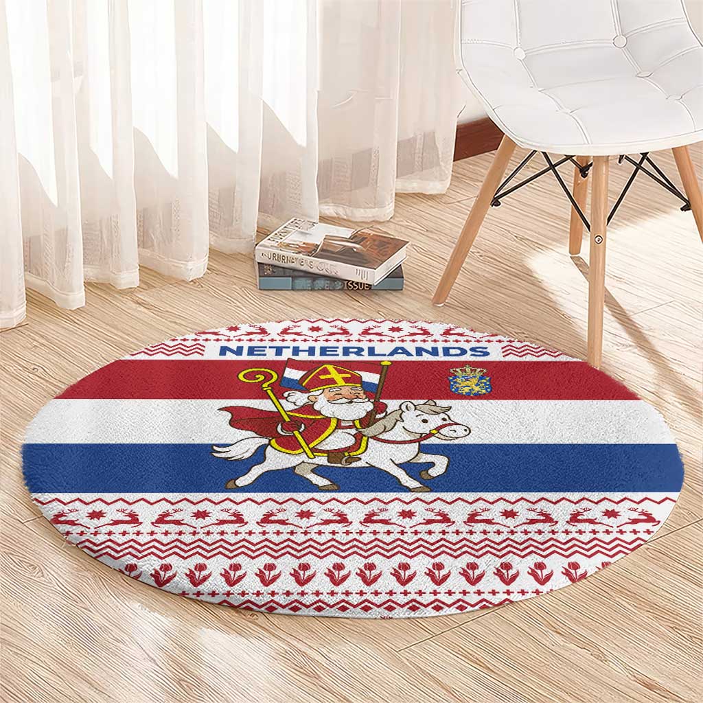 Netherlands Christmas Round Carpet with Sinterklaas Horse Dutch Flag and Festive Knit Pattern - Wonder Print Shop
