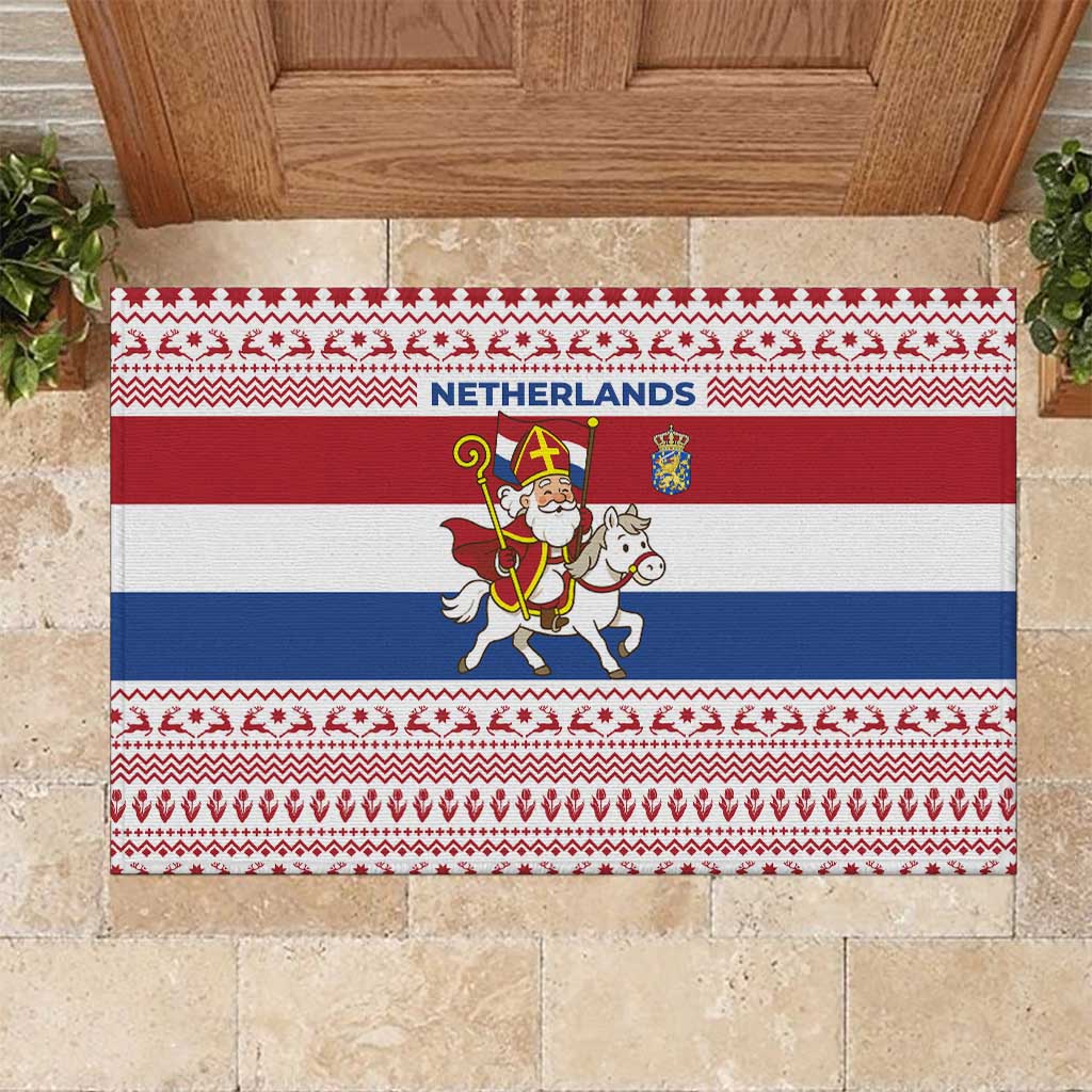 Netherlands Christmas Rubber Doormat with Sinterklaas Horse Dutch Flag and Festive Knit Pattern - Wonder Print Shop