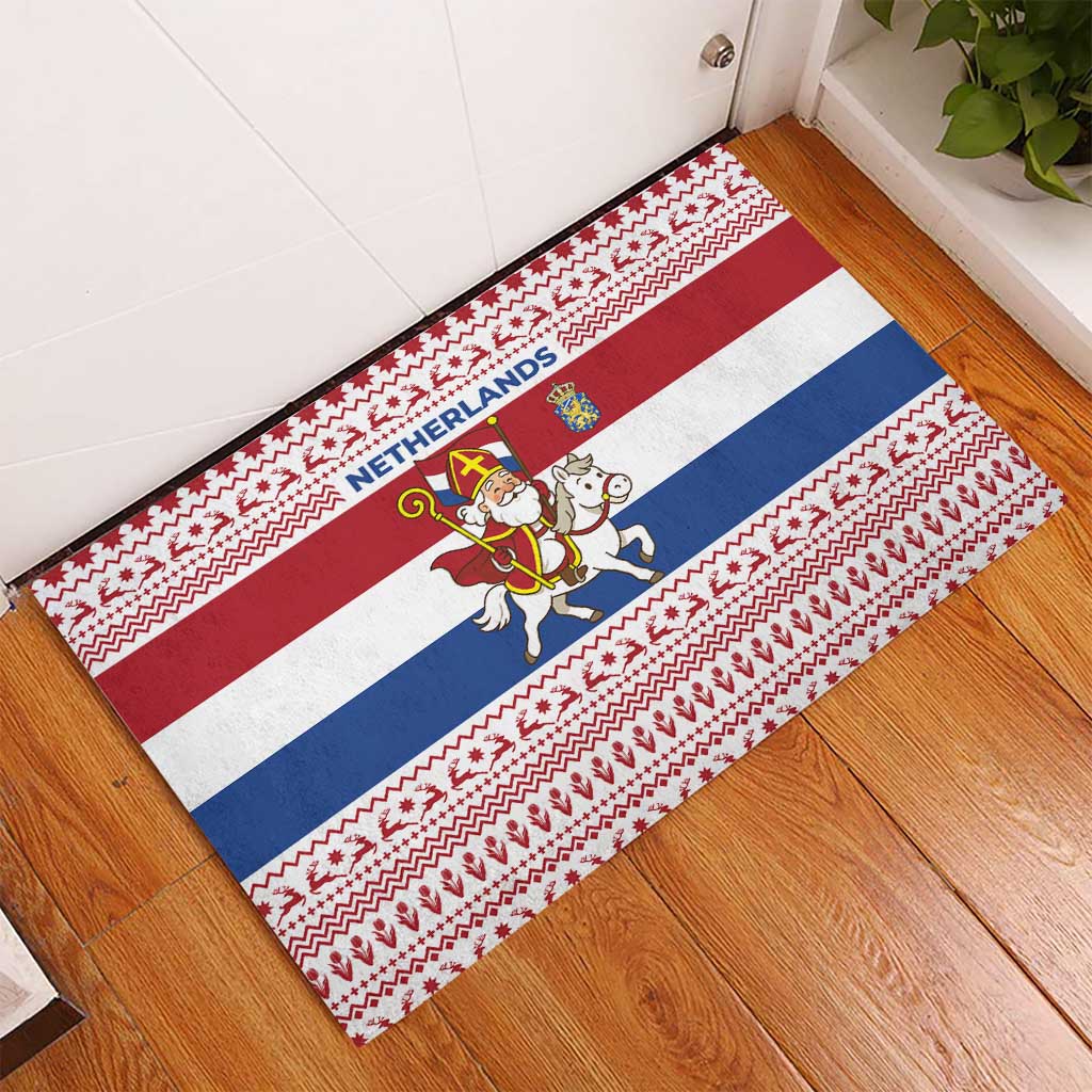 Netherlands Christmas Rubber Doormat with Sinterklaas Horse Dutch Flag and Festive Knit Pattern - Wonder Print Shop