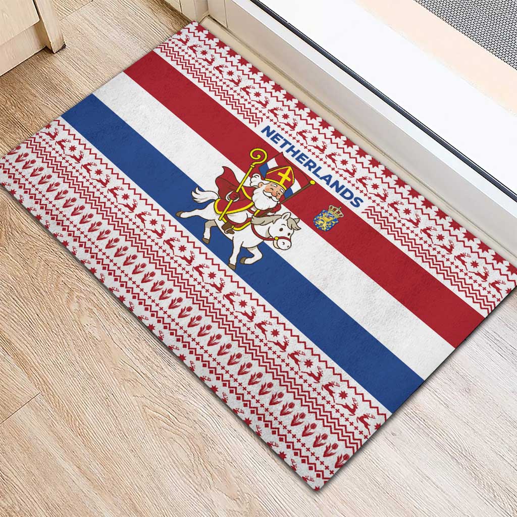 Netherlands Christmas Rubber Doormat with Sinterklaas Horse Dutch Flag and Festive Knit Pattern - Wonder Print Shop