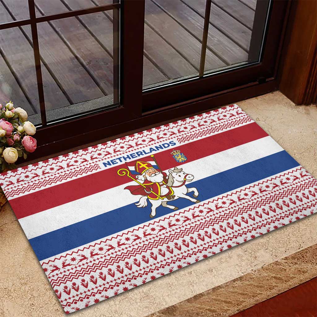Netherlands Christmas Rubber Doormat with Sinterklaas Horse Dutch Flag and Festive Knit Pattern - Wonder Print Shop