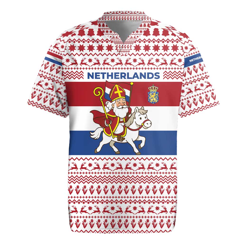Netherlands Christmas Rugby Jersey with Sinterklaas Horse Dutch Flag and Festive Knit Pattern - Wonder Print Shop