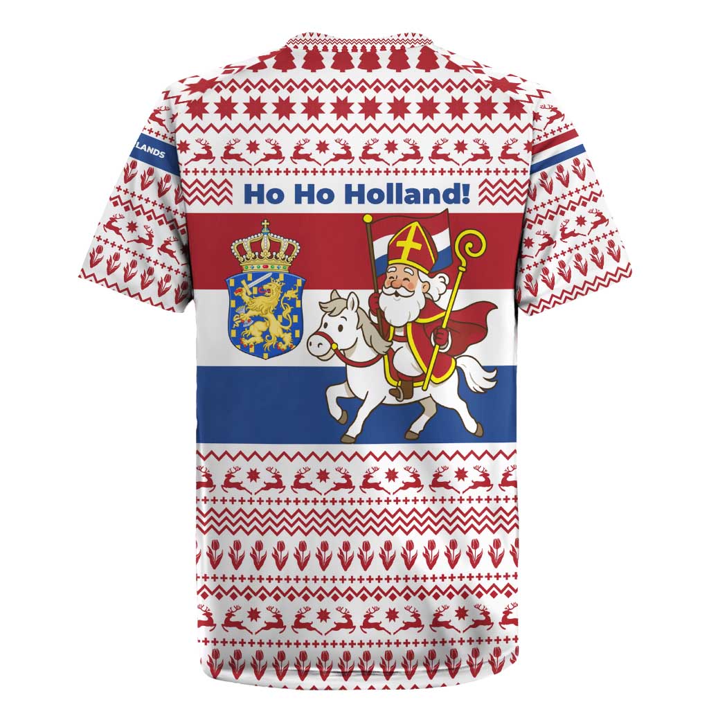 Netherlands Christmas Rugby Jersey with Sinterklaas Horse Dutch Flag and Festive Knit Pattern - Wonder Print Shop