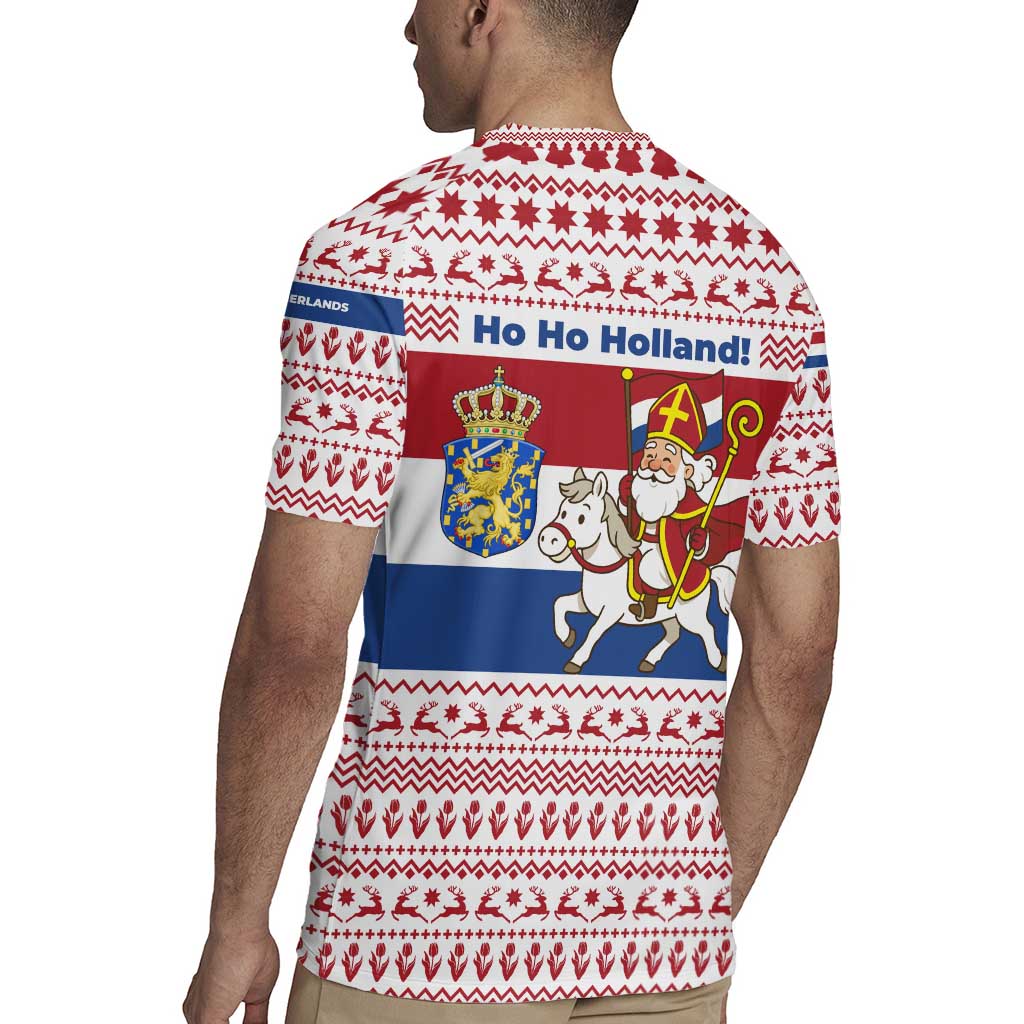 Netherlands Christmas Rugby Jersey with Sinterklaas Horse Dutch Flag and Festive Knit Pattern - Wonder Print Shop