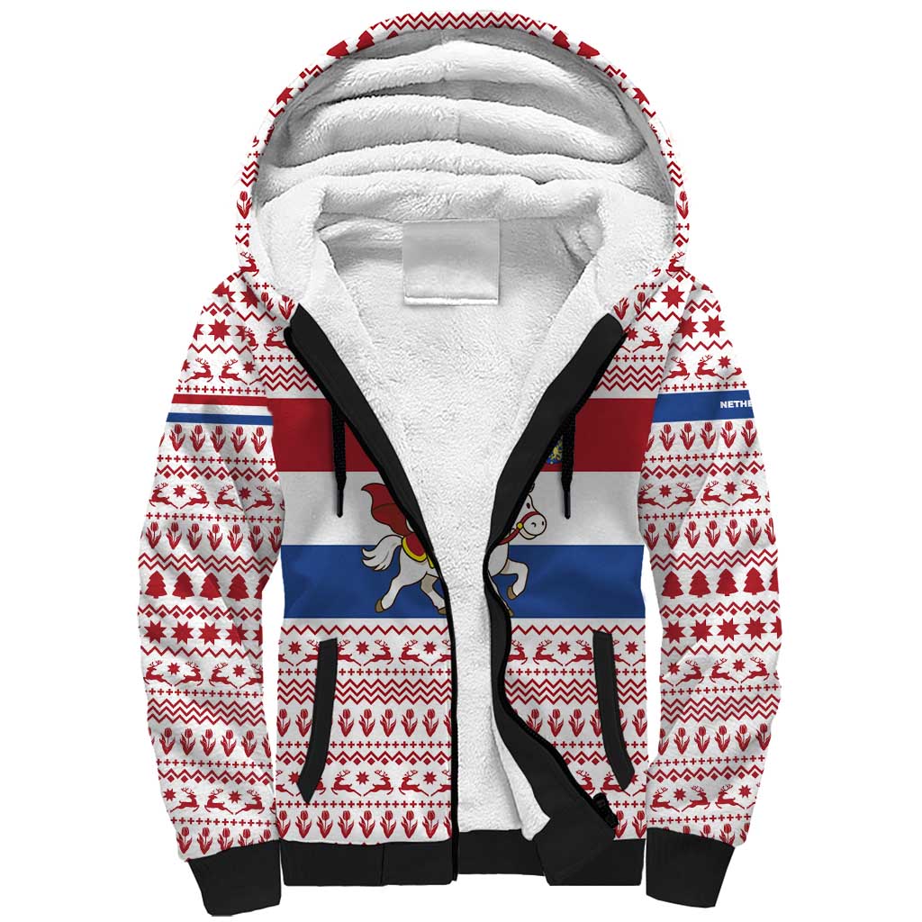 Netherlands Christmas Sherpa Hoodie with Sinterklaas Horse Dutch Flag and Festive Knit Pattern - Wonder Print Shop