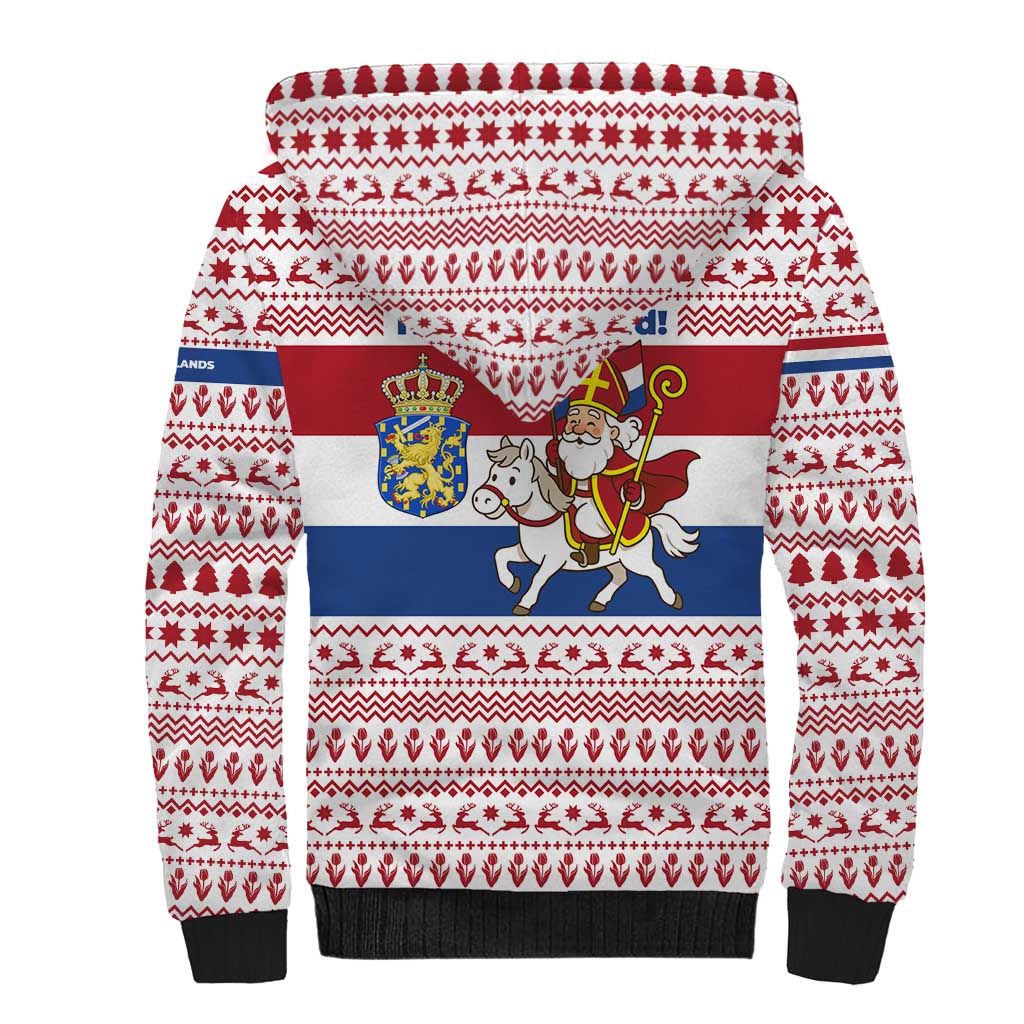 Netherlands Christmas Sherpa Hoodie with Sinterklaas Horse Dutch Flag and Festive Knit Pattern - Wonder Print Shop