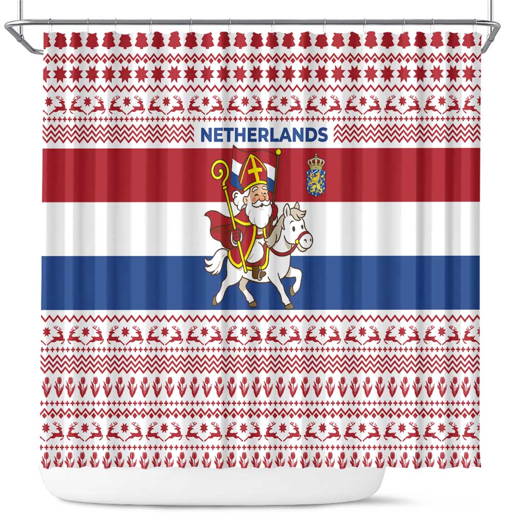 Netherlands Christmas Shower Curtain with Sinterklaas Horse Dutch Flag and Festive Knit Pattern - Wonder Print Shop