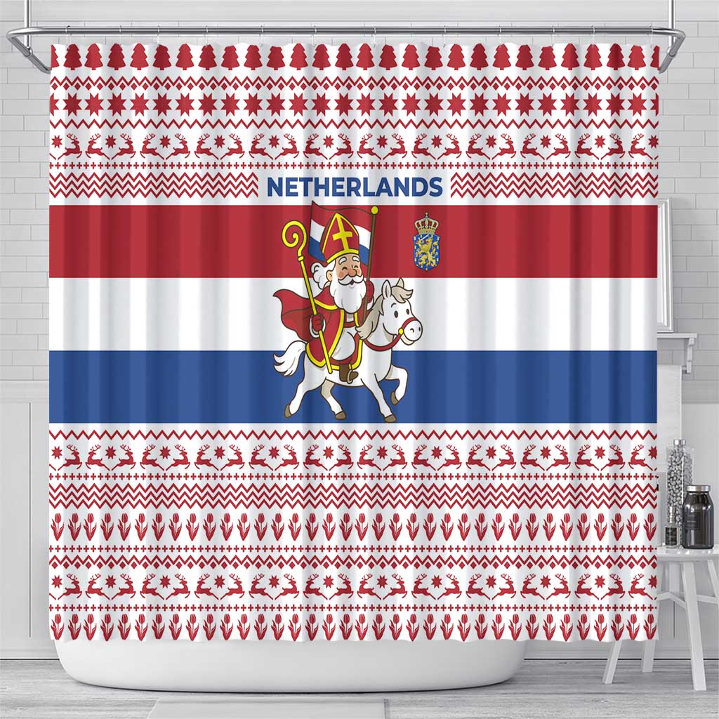 Netherlands Christmas Shower Curtain with Sinterklaas Horse Dutch Flag and Festive Knit Pattern - Wonder Print Shop