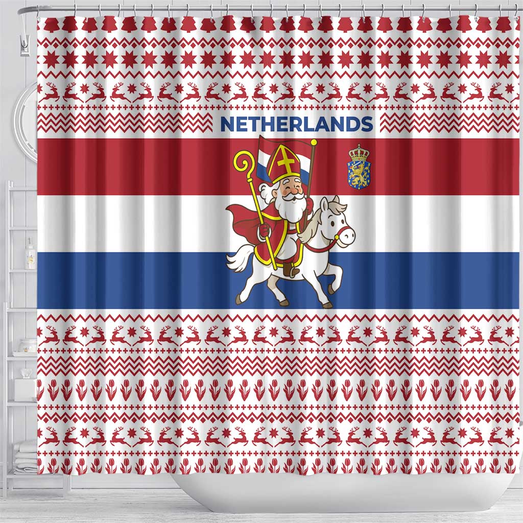 Netherlands Christmas Shower Curtain with Sinterklaas Horse Dutch Flag and Festive Knit Pattern - Wonder Print Shop