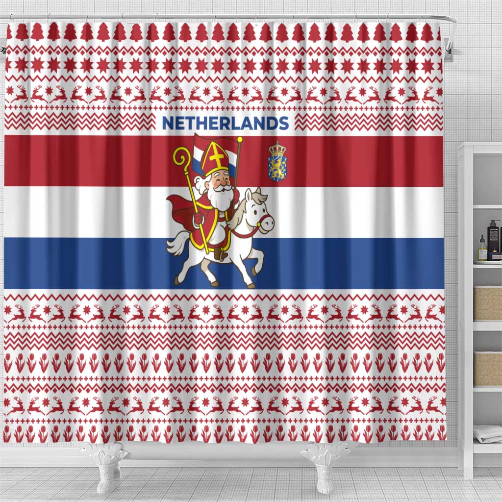 Netherlands Christmas Shower Curtain with Sinterklaas Horse Dutch Flag and Festive Knit Pattern - Wonder Print Shop
