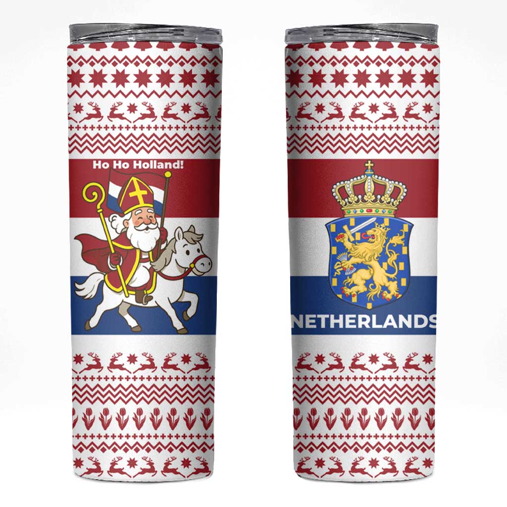 Netherlands Christmas Skinny Tumbler with Sinterklaas Horse Dutch Flag and Festive Knit Pattern - Wonder Print Shop