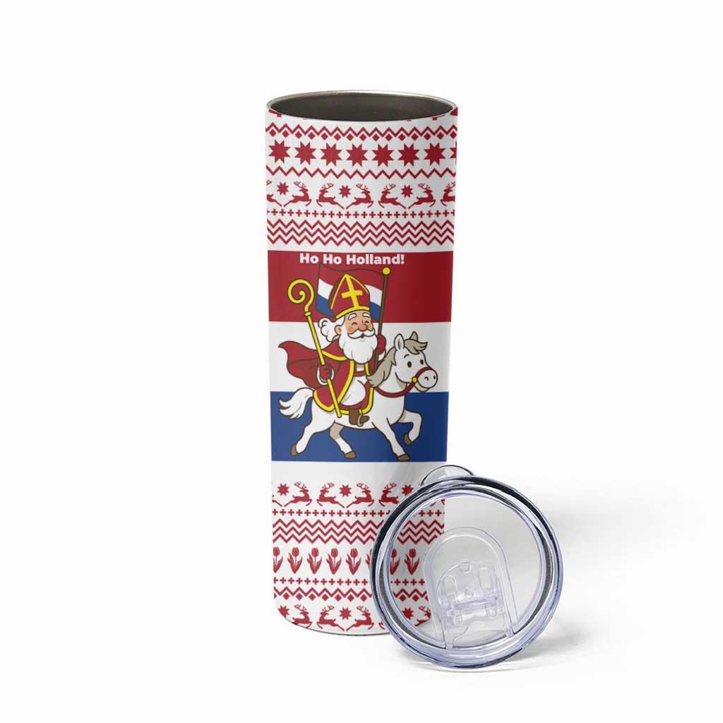 Netherlands Christmas Skinny Tumbler with Sinterklaas Horse Dutch Flag and Festive Knit Pattern - Wonder Print Shop