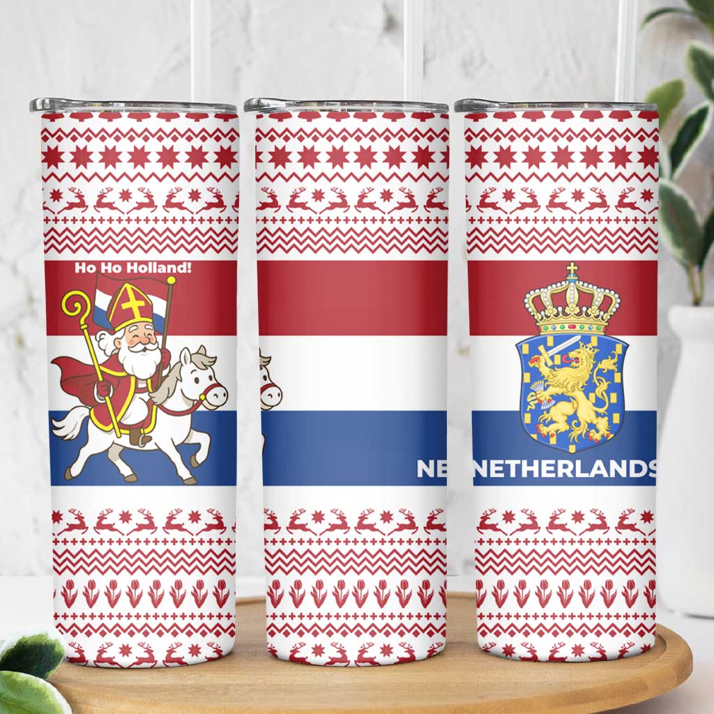 Netherlands Christmas Skinny Tumbler with Sinterklaas Horse Dutch Flag and Festive Knit Pattern - Wonder Print Shop