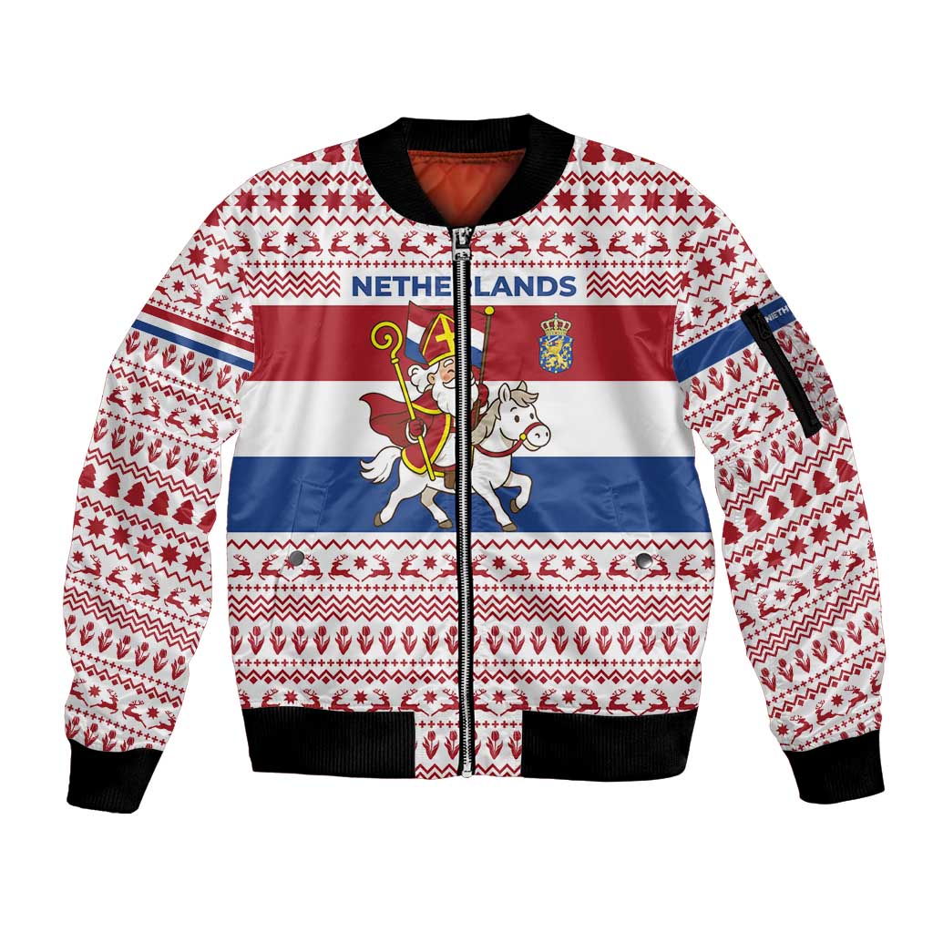 Netherlands Christmas Sleeve Zip Bomber Jacket with Sinterklaas Horse Dutch Flag and Festive Knit Pattern - Wonder Print Shop