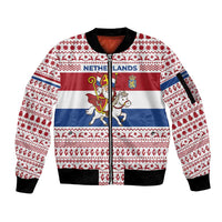 Netherlands Christmas Sleeve Zip Bomber Jacket with Sinterklaas Horse Dutch Flag and Festive Knit Pattern - Wonder Print Shop