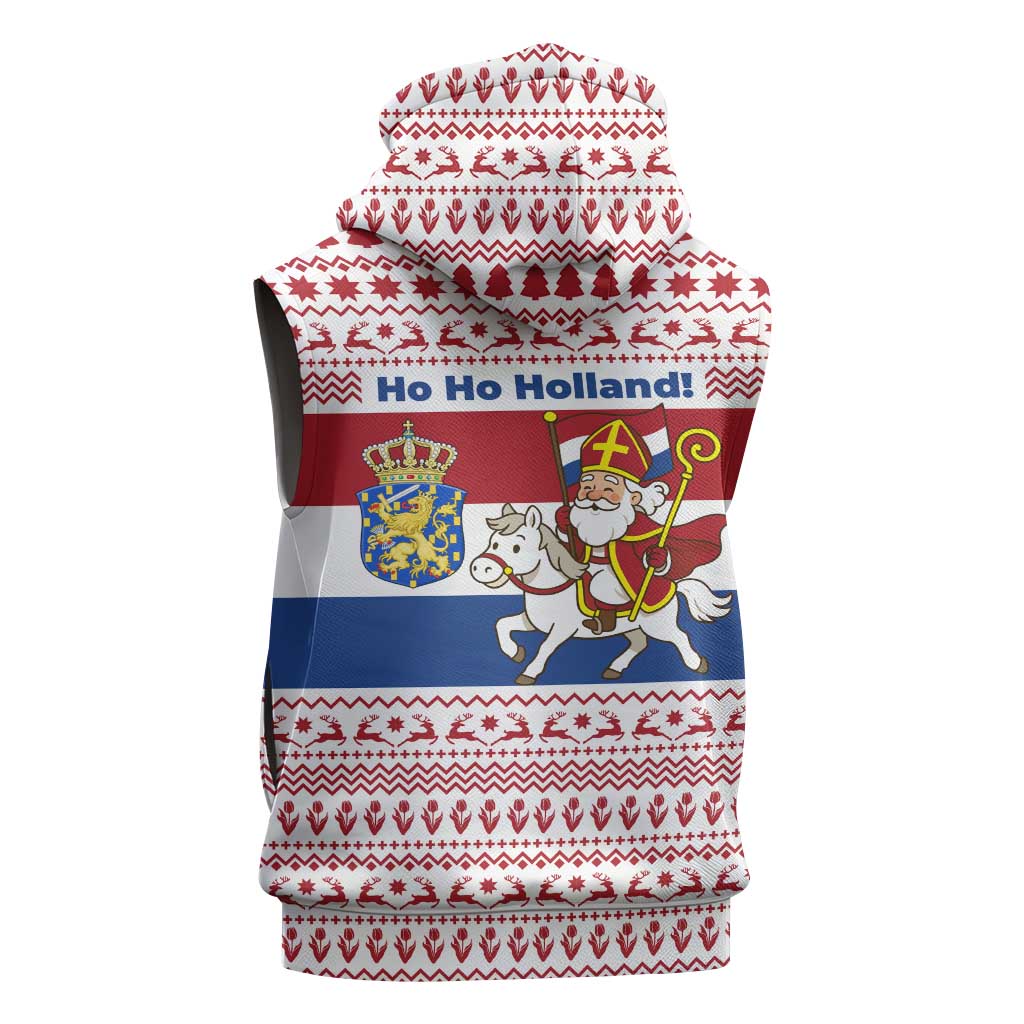 Netherlands Christmas Sleeveless Hoodie with Sinterklaas Horse Dutch Flag and Festive Knit Pattern - Wonder Print Shop