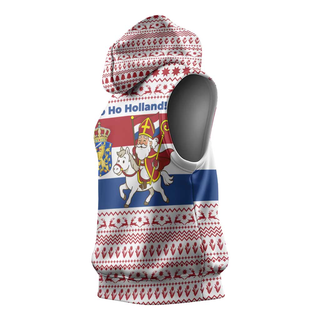 Netherlands Christmas Sleeveless Hoodie with Sinterklaas Horse Dutch Flag and Festive Knit Pattern - Wonder Print Shop