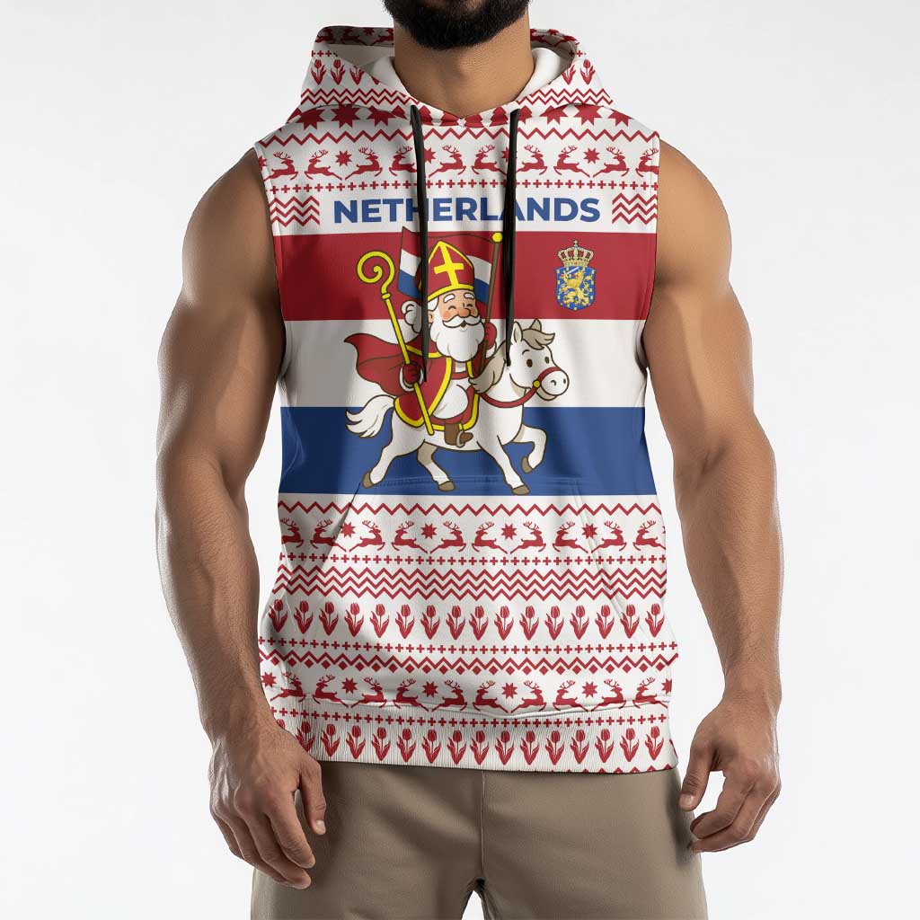 Netherlands Christmas Sleeveless Hoodie with Sinterklaas Horse Dutch Flag and Festive Knit Pattern - Wonder Print Shop