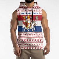 Netherlands Christmas Sleeveless Hoodie with Sinterklaas Horse Dutch Flag and Festive Knit Pattern - Wonder Print Shop