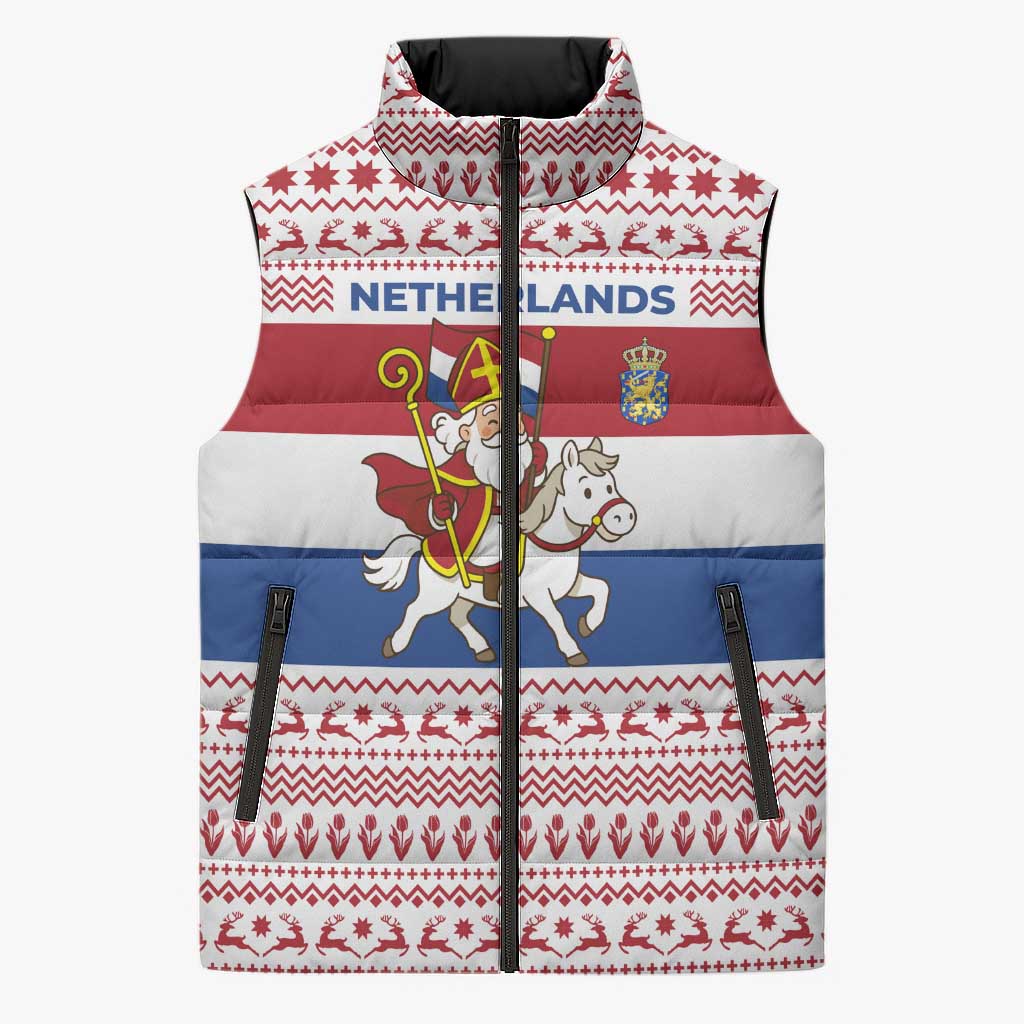 Netherlands Christmas Sleeveless Puffer Jacket with Sinterklaas Horse Dutch Flag and Festive Knit Pattern - Wonder Print Shop
