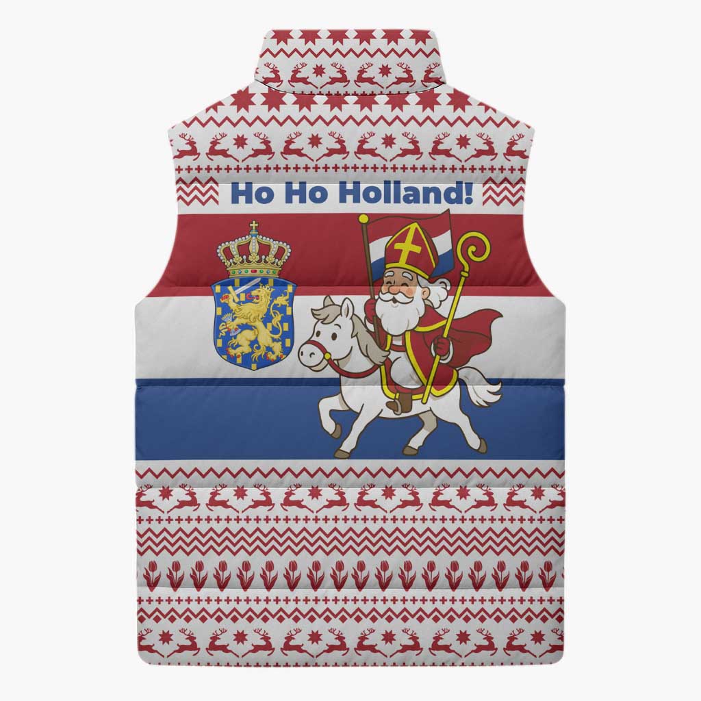 Netherlands Christmas Sleeveless Puffer Jacket with Sinterklaas Horse Dutch Flag and Festive Knit Pattern - Wonder Print Shop