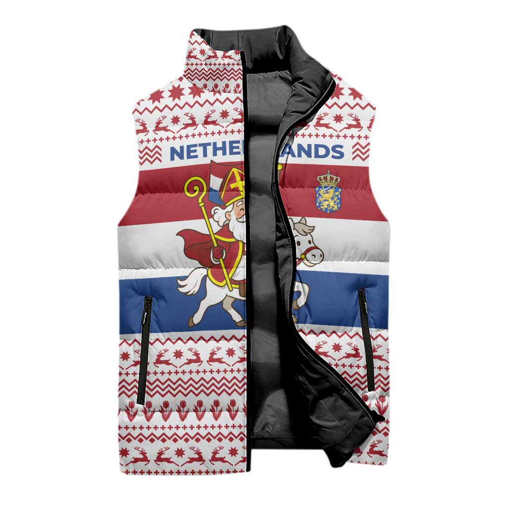 Netherlands Christmas Sleeveless Puffer Jacket with Sinterklaas Horse Dutch Flag and Festive Knit Pattern - Wonder Print Shop
