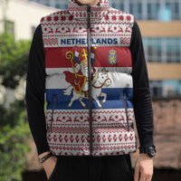 Netherlands Christmas Sleeveless Puffer Jacket with Sinterklaas Horse Dutch Flag and Festive Knit Pattern - Wonder Print Shop