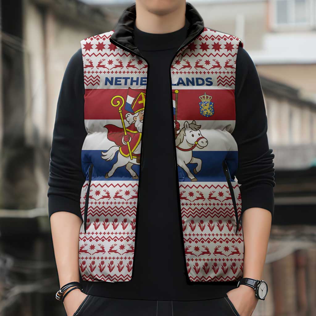 Netherlands Christmas Sleeveless Puffer Jacket with Sinterklaas Horse Dutch Flag and Festive Knit Pattern - Wonder Print Shop